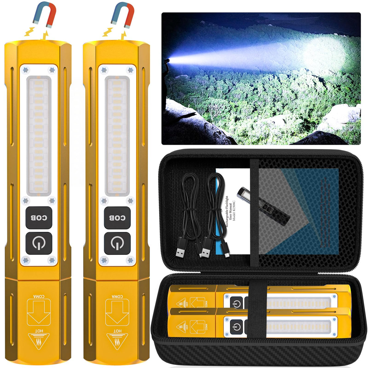Banral Rechargeable Flashlights High Lumens - Super Bright Small Pocket Magnetic Flashlight, 8 Modes LED Tactical Flash Light, Dual Button Powerful Flashlight for Camping (2, Yellow Gold)