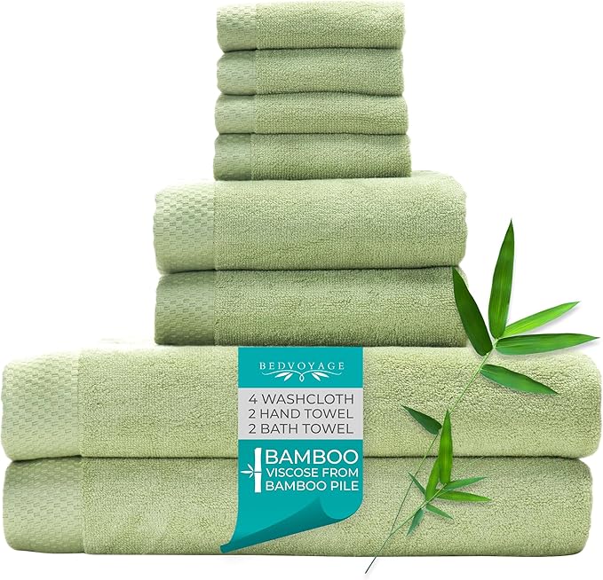 BedVoyage Luxury Bath Towels Set of 8 - Ultra Soft Plush Bathroom Towel Set - Highly Absorbent Viscose from Bamboo Bath Towels Ultra Soft - Spa Towel for Body -Sage