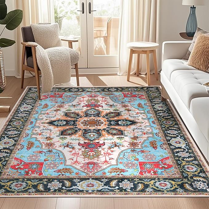 WILLSUN Washable Area Rugs, 5x7 Non-Slip Boho Large Area Rugs for Living Room, Bedroom, Machine Washable Vintage Rug, Indoor Floral Print Carpet for Home Decor, Kid & Pet Friendly Mat