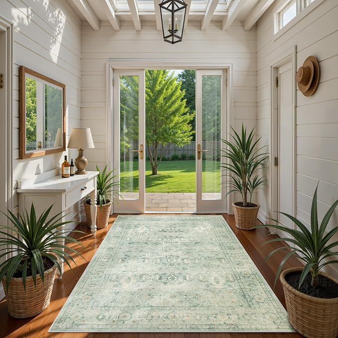 Lahome Vintage 5x7 Washable Green Rugs for Living Room Bedroom, Soft Dining Room Rugs for Under Table, Non Slip Indoor Throw Carpet for Entryway Kitchen Office (5x7ft,Light Green)