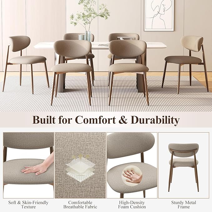 Dining Chairs Set of 4, Upholstered Dining Room Chairs with Metal Legs and Anti Slip Pads, Curved Back Kitchen Chair for Home and Restaurant Use, Camel
