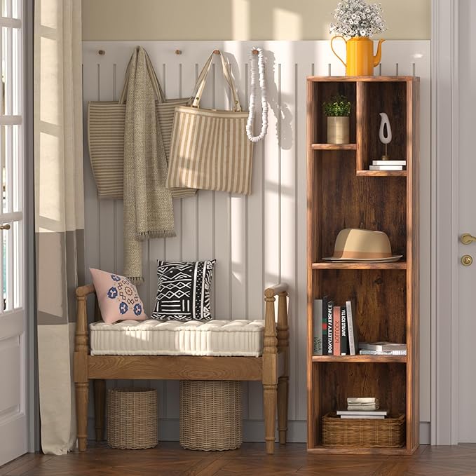 VECELO Small Bookshelf, 5 Cube Slim Bookcase, Fits Tallest Hardcovers, Horizontal Available, Modern Floor Standing Unit, Each Shelf Hold Up to 66 LBS,Brown