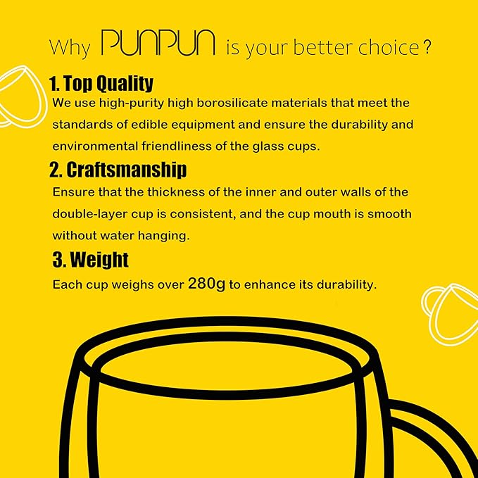 PunPun 17OZ. 500ml Clear Coffee Mugs, Glass for Coffee, Double Wall Insulated Glass Mugs with Big Handle, Every Day for Americano, Latte, Cappuccinos and Beverage.Set of 4