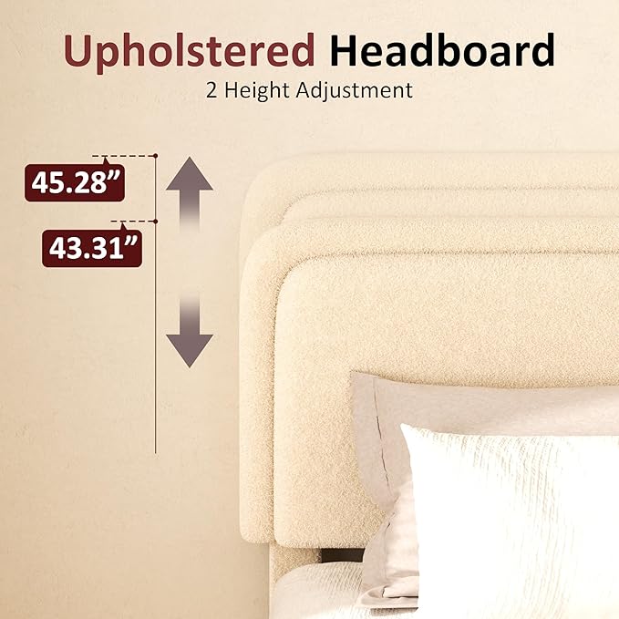 Queen Boucle Platform Bed Frame with Height Adjustable Headboard, Modern Upholstered Cloud Bed, Sleek Curved Design, No Box Spring Needed, Noise Free, Easy Assembly, Beige