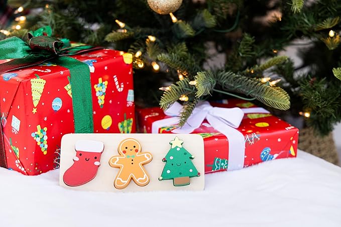 Pearhead 3 Piece Wooden Holiday Puzzle, Kids Christmas Toy, Puzzle Stocking Stuffer, Christmas Toys for Children, Holiday Toy Ideas, 3 Piece Set