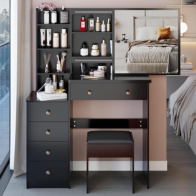 37" Vanity Desk with Mirror, Makeup Table with Sliding Mirror, Dressing Table with Multi Layer High Capacity Storage, Vanity Set with Drawers and Stool for Bedroom, Black