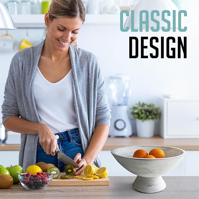 Whitewash Pedestal Bowl - 10 Inch, Wide Whitewash Footed Bowl as Fruit, Key, Decorative, Candy Holder or Centerpiece, Wooden Bowl Decorative for Kitchen, Dining Table & Home Accessories