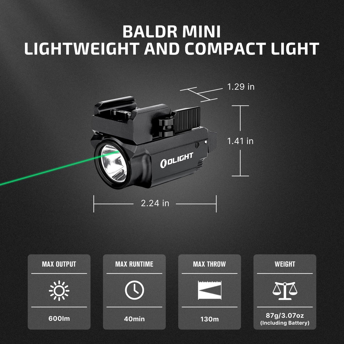 OLIGHT Baldr Mini 600 Lumens Rechargeable Weaponlight with Green Beam and White LED Combo, Magnetic USB Compact Tactical Flashlight with Adjustable Rail for G19, G45, Sig P320, and so on(Black)