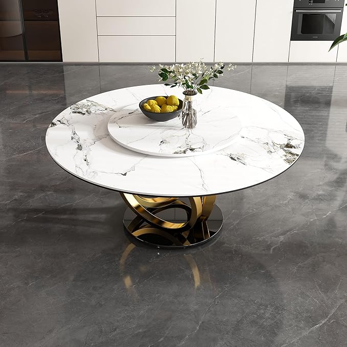 59" Round Modern Marble Dining Table with Lazy Susan, Sintered Stone Top for Kitchen, Dining Room, Dinette, Space Saving Design