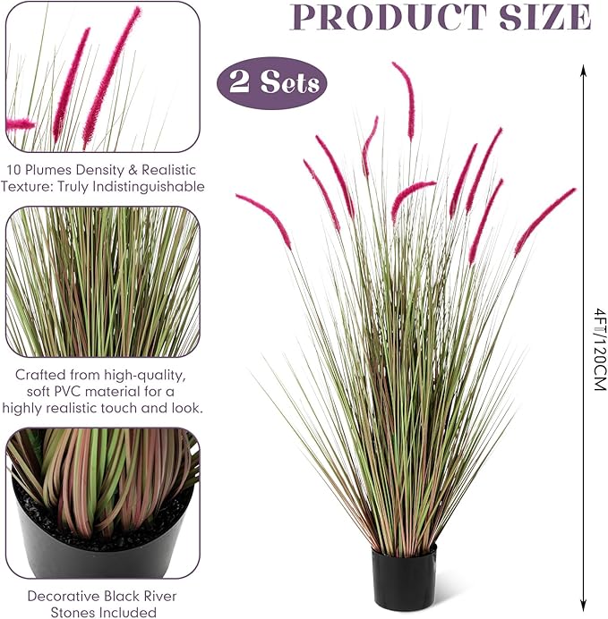 Jexine 2 Pieces Faux Plants Outdoor 4 ft Tall Artificial Grass Plant Potted Artificial Setaria Grass Faux Greenery Floor Plants for Housewarming Gift House Garden Lobby Outdoor (Stylish Purple)