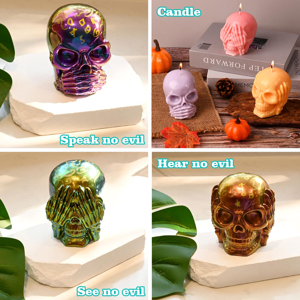 Actvty Skull Resin Molds, 3 Pieces Hear-no, Speak-no, See-no Evil Skull Silicone Molds for Resin Casting, 3D Skull Epoxy Molds for DIY Resin Crafts, Halloween Home Decor, translucent