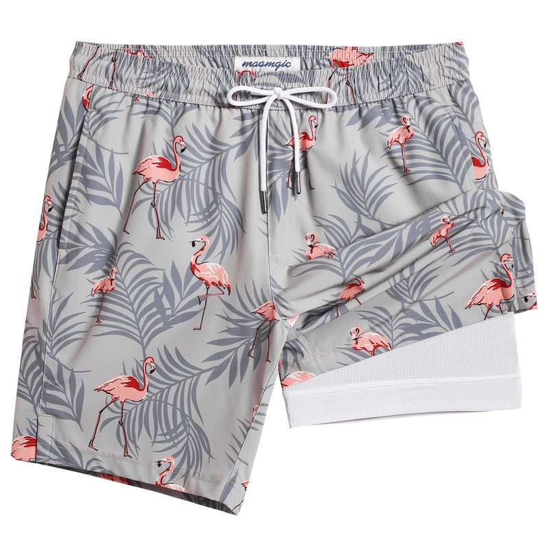 maamgic Mens Swim Trunks with Compression Liner 7 Inch Inseam Mens Bathing Suit Quick Dry Swimming Trunks Swimsuit Flamingo Gray White XX-Large
