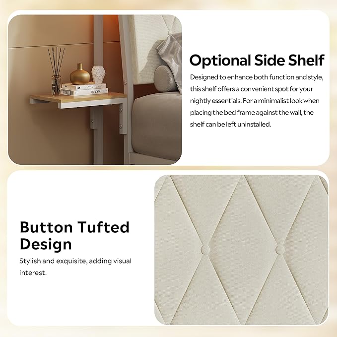 WLIVE Queen Size Upholstered Bed Frame with 2 Side Shelves, Linen Tufted Storage Headboard with Charging Ports and LED Light, Metal Solid and Stable, No Box Spring Needed, Easy Assembly, Beige