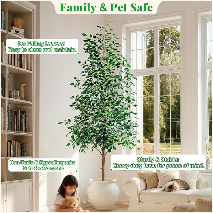 8FT Artificial Ficus Trees Indoor Faux Trees Indoor Fake Floor Plants Tall Artificial Tree with White Pot Faux Tree Fake Indoor Tree Silk Plants Artificial Trees for Home Decor Indoor