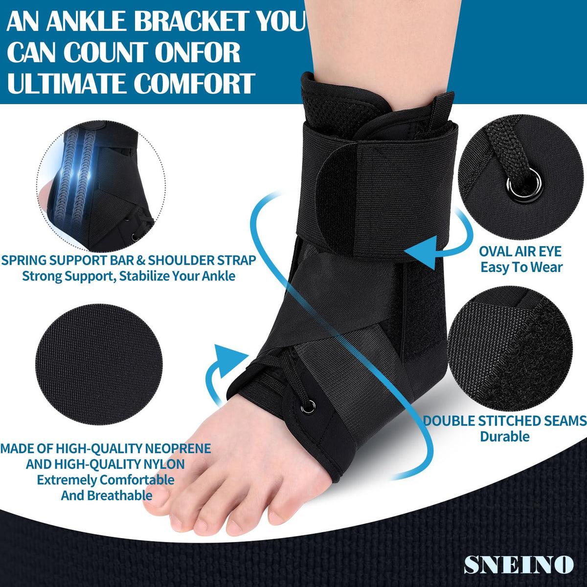 SNEINO Ankle Brace Lace Up for Women & Men Side Stabilizers for Sprains, L