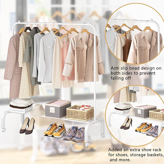 Rolling Clothes Rack Metal Clothing Rack with Wheels Garment Rack with Bottom Shelf for Hanging Clothes Shirts Jeans and Coats White