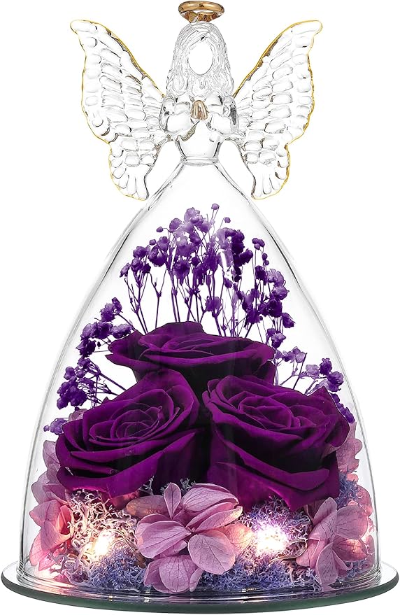 Ocosy Mothers Day Rose Gifts for her, Large Angel Rose Gifts for Women, Forever Real Roses in Angel Figurines, Angel Guardian with Roses Flower, Purple