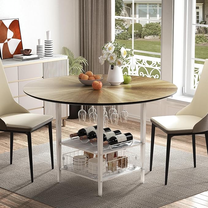 VFK 47 Inch Round Dining Table Set, Modern Wood Dining Table with Double Storage Rack, 2 Person Dining Table and Chair Set for Kitchen, Dining Room, Living Room