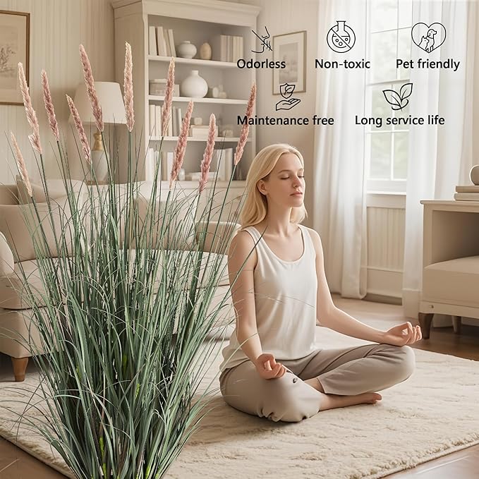 3ft Onion Grass, Artificial Plant and Greenery, Fake Floor Plants Indoor Outdoor, Faux Horsetail Reed Grass with 7 Pink Flower Crowns, Potted, House Decorative