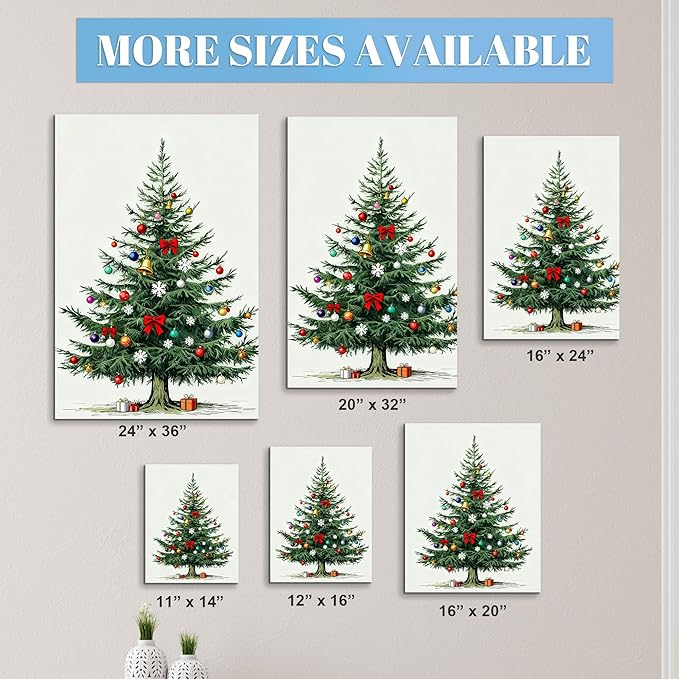 Framed Christmas Pictures Wall Decor,Vintage Pine Tree Prints,Winter Christmas Canvas Wall Art Decoration for Bedroom Bathroom Living Room Rustic Xmas Holiday Gifts (Christmas Tree 8, 16'' X 20'')
