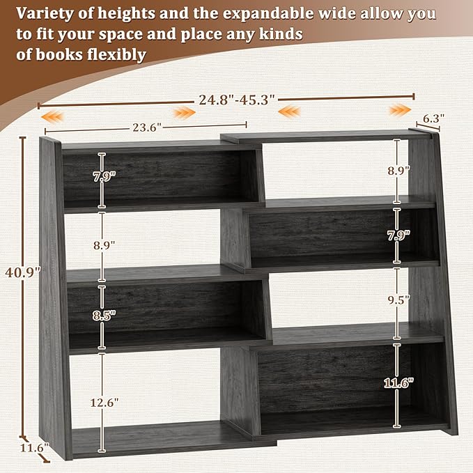 Armocity Book Shelf - Small Expandable Ladder Shelf, Short Corner Bookshelf for Small Spaces, 5 Tier Wood Narrow Bookcase, for Living Room, Bedroom, Entryway, Grey Oak