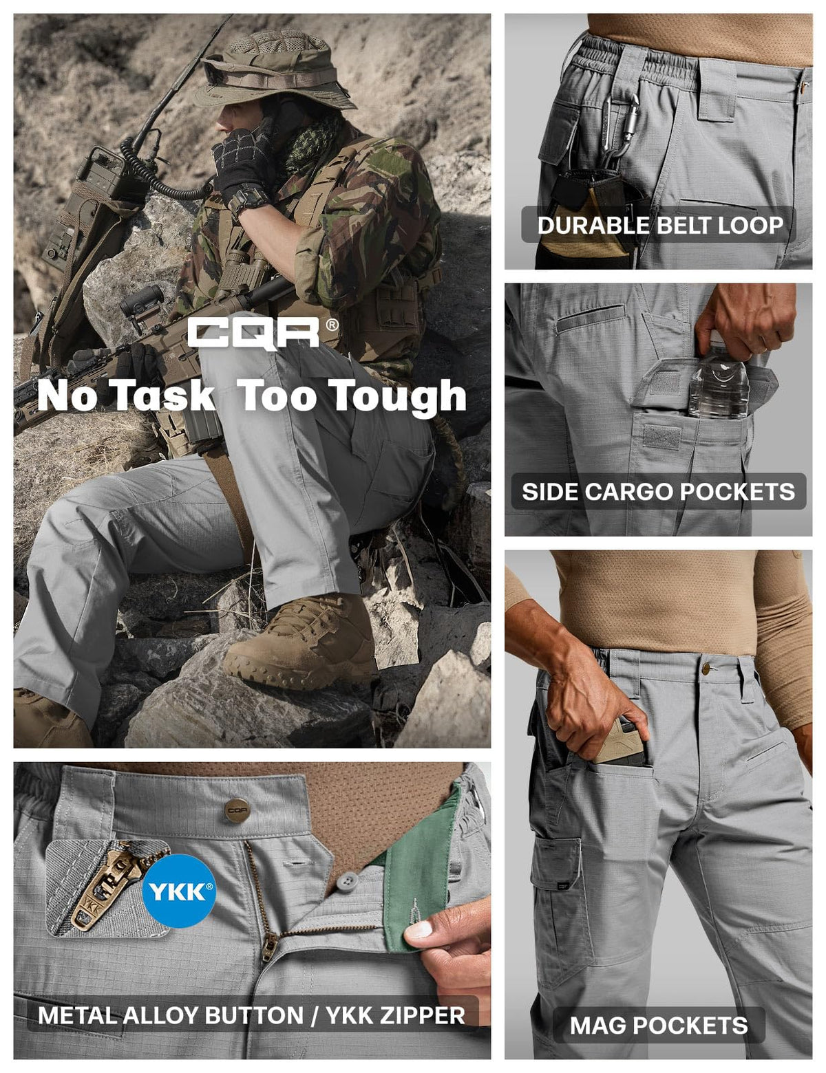 CQR Men's Tactical Pants, Water Resistant Ripstop Cargo Pants, Lightweight EDC Work Hiking Pants, Outdoor Apparel, Raider Stone, 32W x 32L