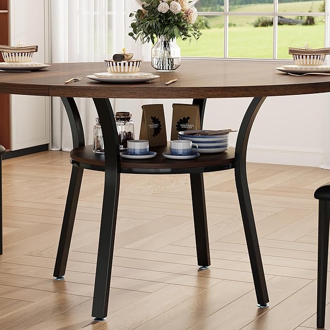 IDEALHOUSE Round Dining Table for 4-6, 47 Inch Kitchen Table with Sturdy Metal Frame, Space Saving Circle Dining Room Table for Small Space (Table Only), Walnut