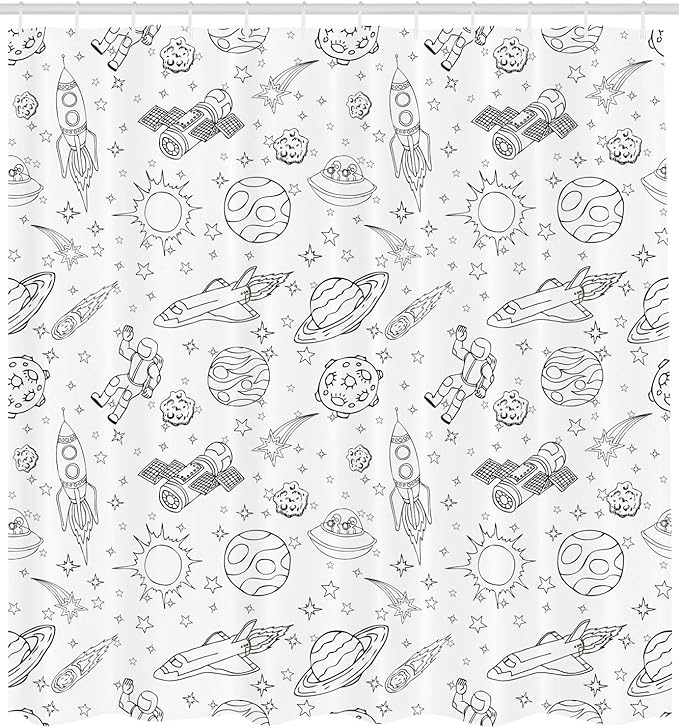 Ambesonne Cartoon Shower Curtain, Doodle Solar System Astronauts Space Crafts Shooting Stars Science Fiction Theme, Cloth Fabric Bathroom Decor Set with Hooks, 69" W x 75" L, White Ink