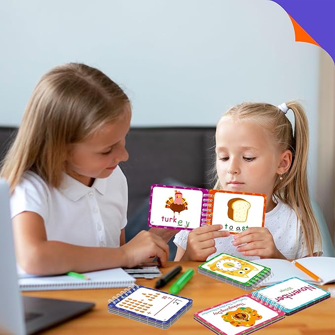 4 First Grade Learning Flipbooks, Double-Sided Mini Book Set - Spelling, Addition, Subtraction, Time, Week, Weather, Month, Holiday & Season Learning, Early Educational Tool for Kids