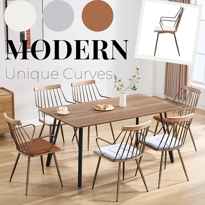 Modern Dining Chairs Set of 4, Upholstered Dining Chairs with Metal Leg, Wood Kitchen Chairs with Fence-Like Back and Curved Arm for Dining Room Kitchen Restaurant Reception (Beige)