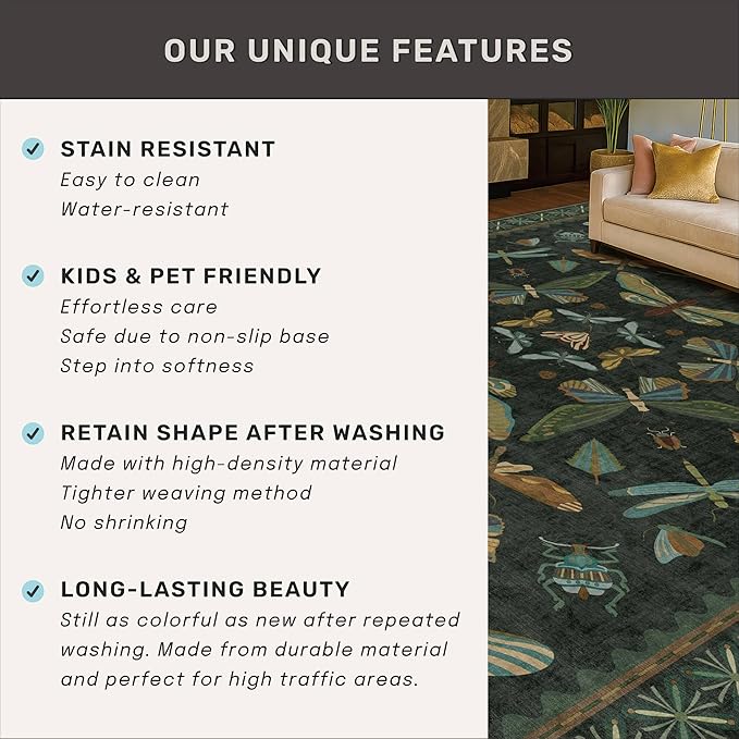 2x4 Entry Way Rugs Indoor - Dark Green Putdoor Rug for Kitchen, Bathroom, Insect Boho Design, Washable Non Slip Stain Resistant
