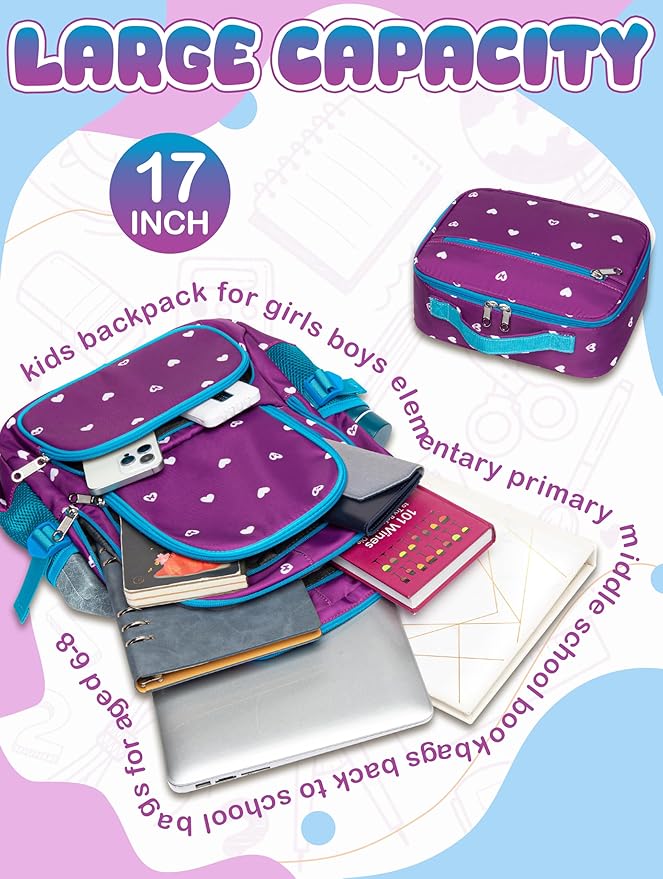 BLUEFAIRY Kids Backpack with Lunch Box for Girls Boys Elementary Primary Middle School Bag with Lunch Bag Set 17 Inch Bookbag Mochilas Escolares para Niñas Niños (Hearts, Purple)