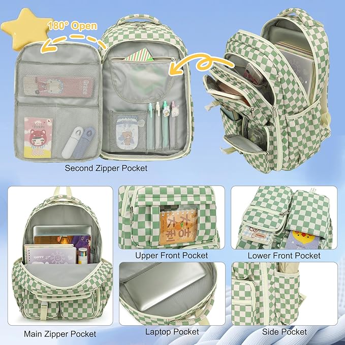 Girls School Backpack Set - Teens Kids School Bag Bookbag with Lunch Box Pencil Case for Elementary Middle School (Checkered Green)