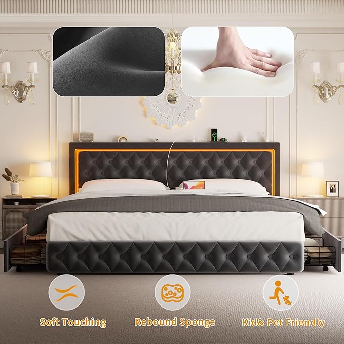Full Bed Frame with 4 Storage Drawers, Velvet Upholstered Bed Frame Full Size with Charging Station and LED Lights, 46" Adjustable Button Tufted Headboard, No Box Spring Needed, Grey