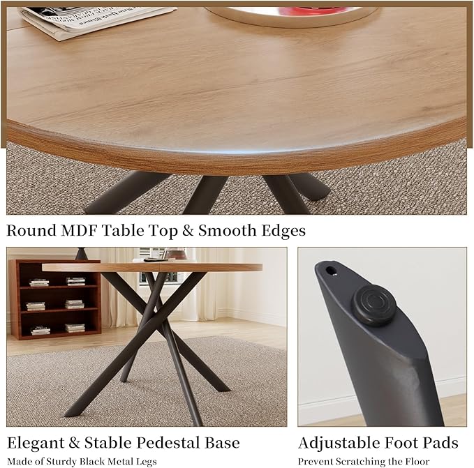 45.3 Inch Round Dining Table Set for 4, Mid Century Modern Small Kitchen Coffee Set for Dining Room Kitchen Apartment (Oak Table + 4 U-Shaped White Chairs)