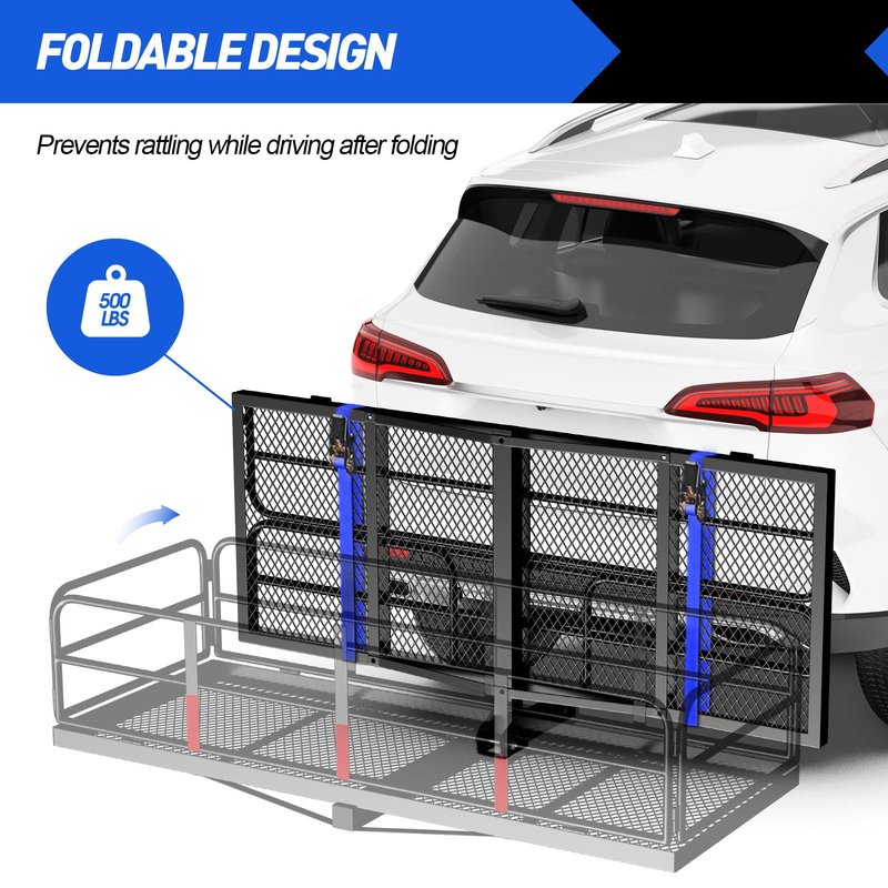 FORWODE 500 LBS Hitch Cargo Carrier Basket, 60"x24"x14" Folding Hitch Cargo Carrier Rack with High Side Rail for 2 Inch Receiver, Car Rack Rear Luggage Basket with Cargo Net