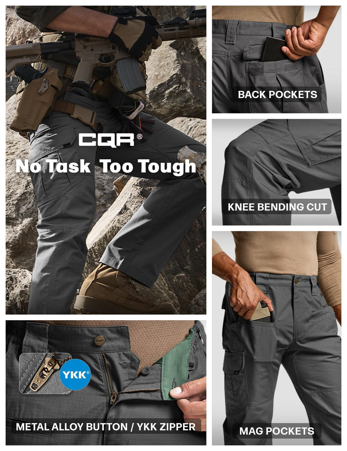 CQR Men's Tactical Pants, Water Resistant Ripstop Cargo Pants, Lightweight EDC Work Hiking Pants, Outdoor Apparel, Raider Charcoal, 32W x 32L