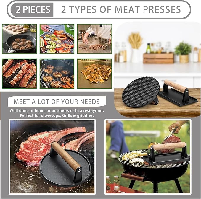 KUAWAK Smash Burger Press Kit 56 Pcs,grill press,7.9 Inch Cast iron hamburger smasher tool,Wood Handle Grill Press with and Griddle Accessories,Barbecues and Tailgates