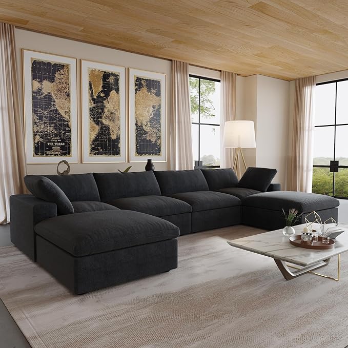 JACH 160.6" U-Shaped Sectional Couch, Modern Modular Convertible Sofa with Chaise Ottomans, Deep 4-Seats Comfy Sectional Cloud Couches for Living Room/Apartment, Bedroom (Black)
