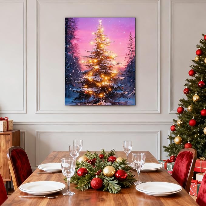 Framed Christmas Pictures Wall Decor,Vintage Pine Tree Prints,Winter Christmas Canvas Wall Art Decoration for Bedroom Bathroom Living Room Rustic Xmas Holiday Gifts (Christmas Tree 18, 16'' X 24'')