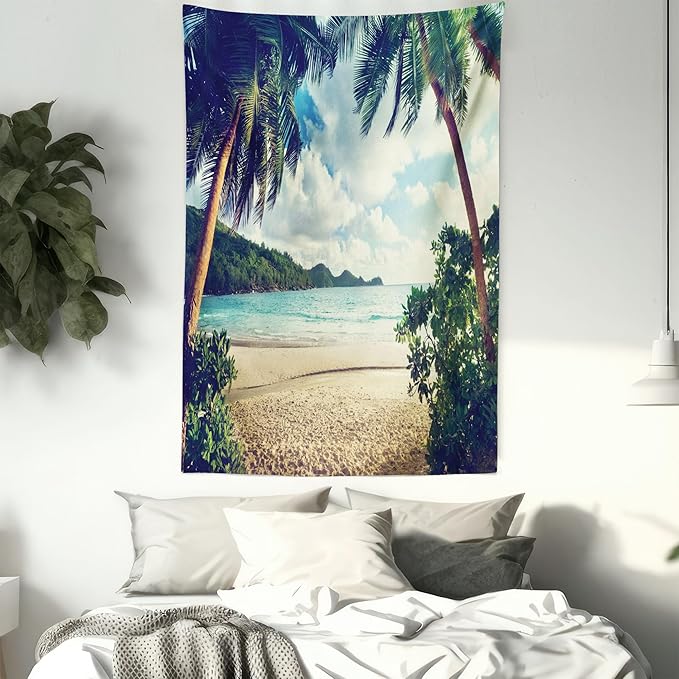 Ambesonne Palm Tree Tapestry Twin Size, Summer Beach Vintage Style Tropical Sunset Picture Print, Wall Hanging Bedspread Bed Cover Wall Decor, 68" X 88", Dark Green Sand Brown