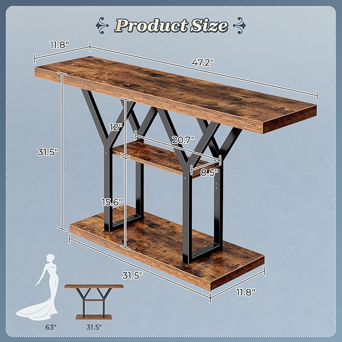 Huuger 47.2 Inch Entryway Table, Industrial Console Sofa Table, 3 Tier Accent Table, for Entry, Hallway, Entrance, Foyer, Y-Shaped Metal Base, Rustic Brown