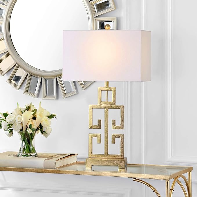 SAFAVIEH Lighting Collection – Greek Key Table Lamp Set of 2 – Antique Gold Metal Base with White Fabric Shade, LED Bulbs Included, 29-Inch Bedroom Living Room Desk Lamps (LIT4305A-SET2)