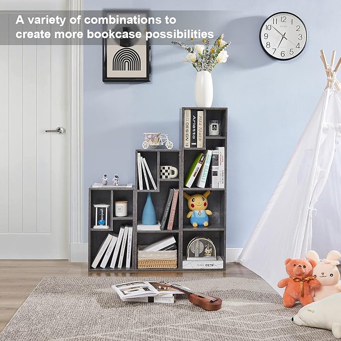 VECELO Small Bookshelf, 3 Cube Shelf, Fits Tallest Hardcovers, Horizontal Available, Modern Storage Organzier for Small Spaces,Gray