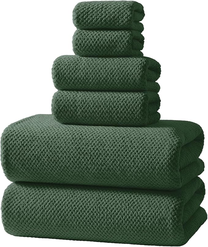 REDKISS 6-Piece Bath Towel Set - 2 Washcloths, 2 Hand Towels, 2 Bath Towels | Ultra-Fiber Coral Fleece, Super Absorbent, No Lint & No Fading | Perfect for Bathroom, Spa, Gym | Family -Olive Green