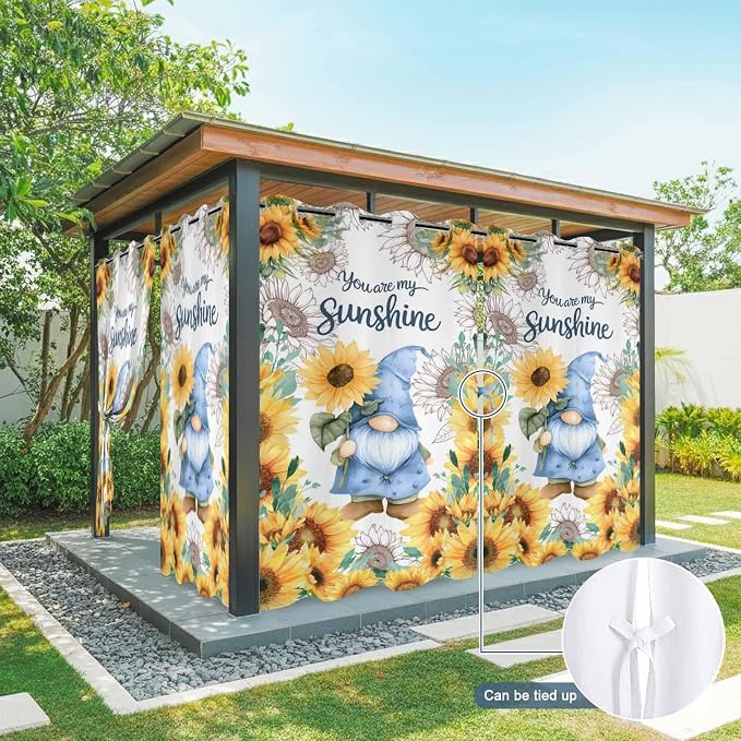 Summer Outdoor Curtains for Patio Sunflowers Gnome Eucalyptus Leaves Waterproof
