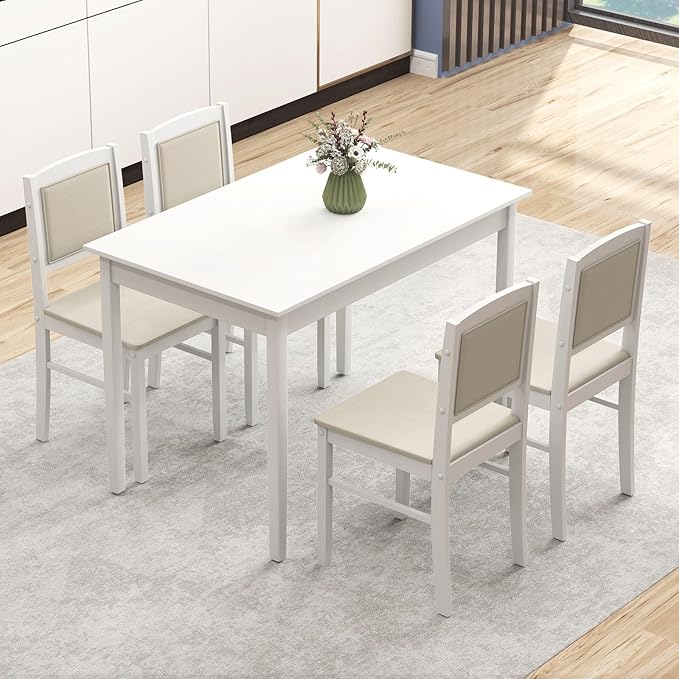 NAFORT 5-Piece Dining Table Set for 4, Mid-Century Modern Solid Wood Kitchen Room Table with 4 Upholstered Dining Chairs, Space-Saving Dinette Tables w/Rubber Wood Legs for Apartment, Office