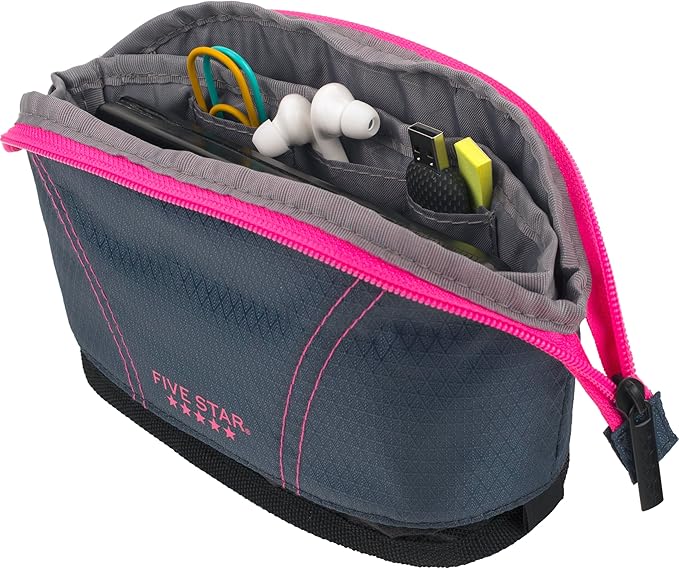 Five Star Pencil Pouch, Pen Case, Quick View Expandable Zipper Pouch, Storage Organizer for School Supplies Earbuds Chargers Cables Makeup, Navy/Pink (507610B-ECM)
