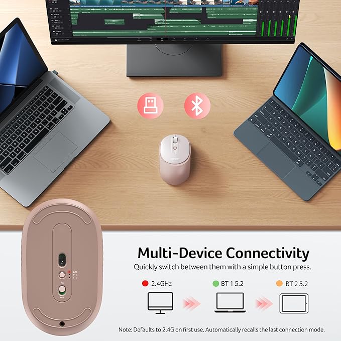 acer Bluetooth Wireless Mouse for Laptop, Computer Mouse Wireless (BT5.2+2.4GHz), Small to Medium Size, Left & Right Handed Office USB Mice with USBA Receiver, Compatible with PC, Desktop (Pink)