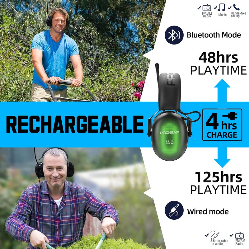 PROHEAR 033 Upgraded Bluetooth 5.4 Hearing Protection Headphones with FM/AM Radio, OSHA-Compliant 25dB NRR Safety Earmuffs, Rechargeable 48H Playtime for Mowing, Workshops and Snowblowing – Black